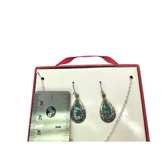 Silver Tone Necklace & Earring Set Faux Mother Of Pearl Enamel - Picture 9 of 13